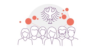 Illustration: Sechs Personen stehen nebeneinander. Dahinter: das Bundeswappen Deutschlands