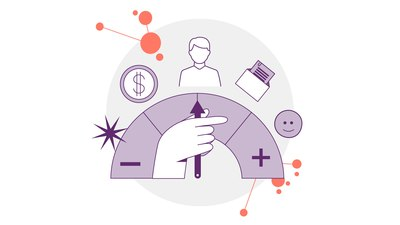 Abbildung einer Hand, die auf die positive Seite eines Messgeräts zeigt, mit Symbolen einer Person, eines Ordners, eines Dollarzeichens und eines Smileys. Darunter befinden sich abstrakte orange und violette Designs auf einem hellgrauen Hintergrund.
