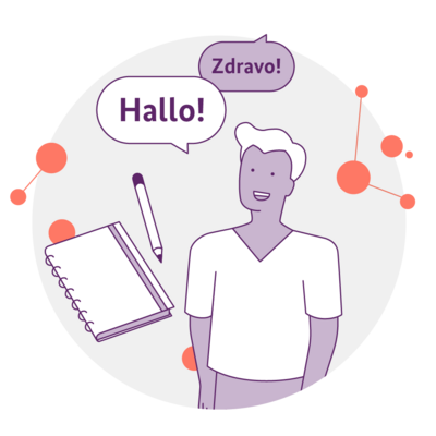 Illustration mit Mensch und Sprechblase Hallo in Deutsch und Fremsprache