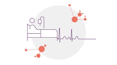 Illustration eines Krankenbettes, das durch eine Herzstromkurve verlängert wird