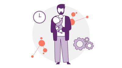 Illustration: Eine Person mit Bart hält ein Baby, links oben ist zeigt eine Wanduhr 15:00 Uhr an