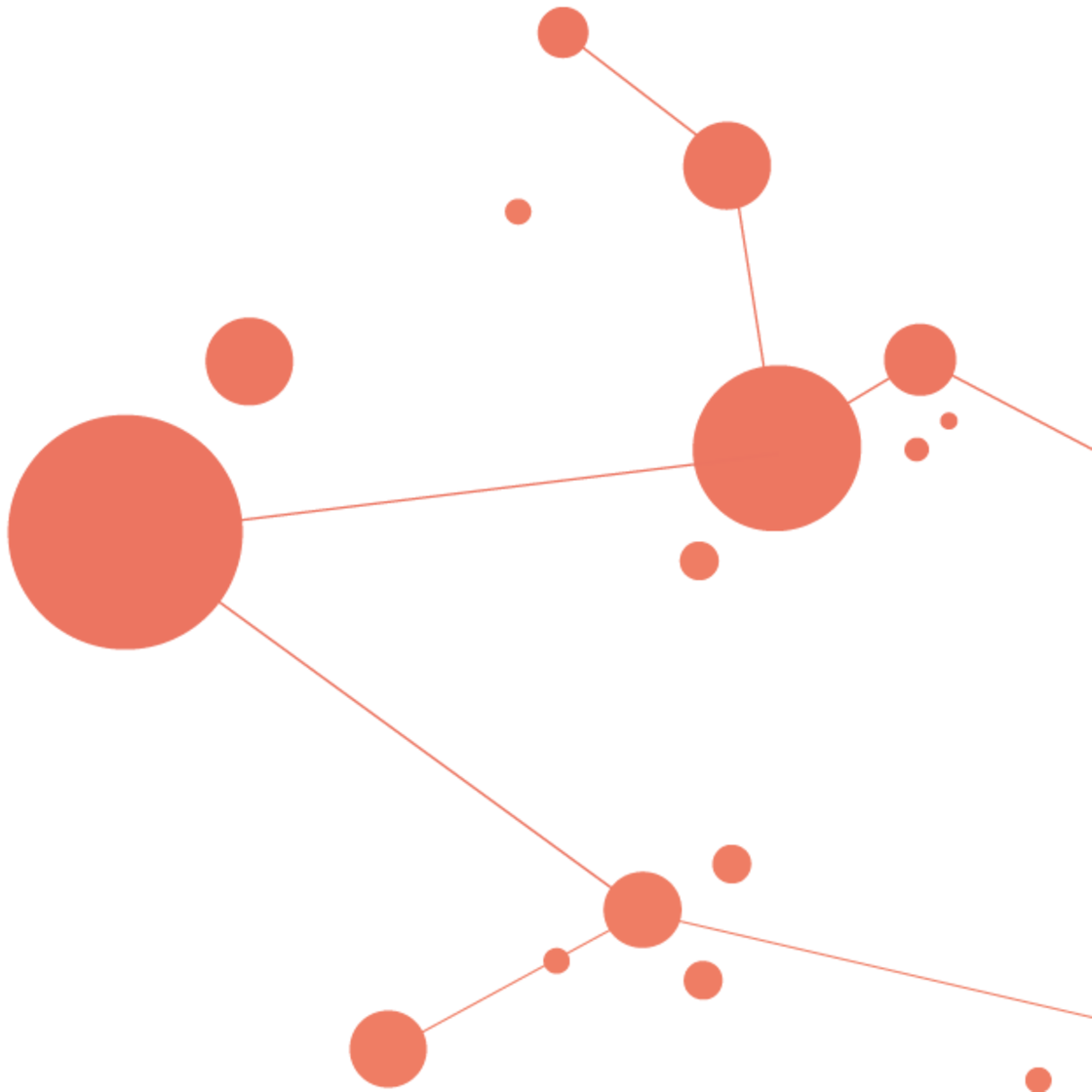 Ein Netzwerk aus orangefarbenen Kreisen unterschiedlicher Größe, die durch dünne Linien auf einem hellgrauen Hintergrund verbunden sind und an eine Datenvisualisierung oder Molekularstruktur erinnern.