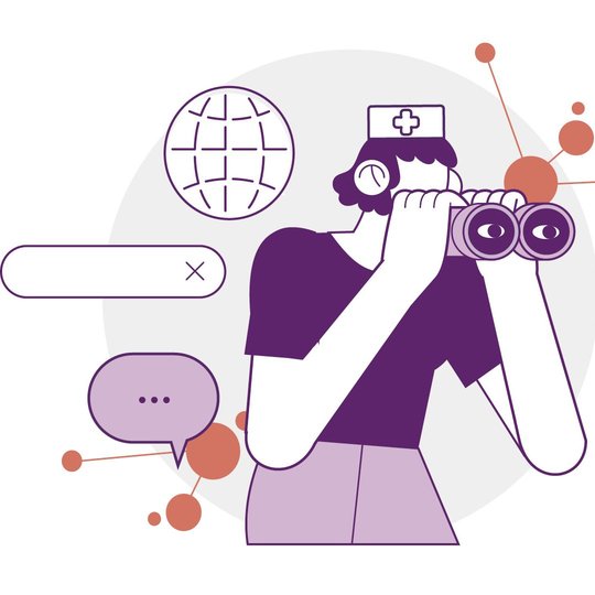 Illustration: Eine Person schaut durch ein Fernglas. Neben ihr eine Weltkugel und Sprechblasen.