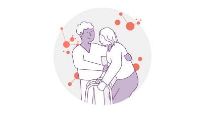 Illustration einer Pflegekraft, die eine ältere Person mit Gehhilfe am Arzt stützt. Die Farben sind hell-lila und weiß.