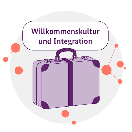 Illustration mit Koffer und den Worten "Willkommenskultur und Integration"