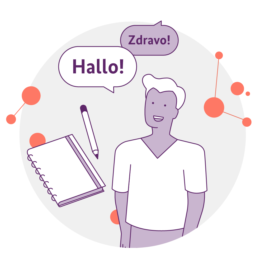 Illustration mit Mensch und Sprechblase Hallo in Deutsch und Fremsprache