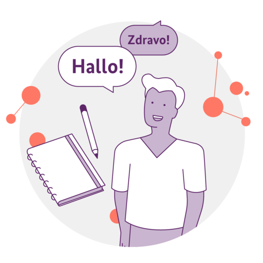 Illustration mit Mensch und Sprechblase Hallo in Deutsch und Fremsprache
