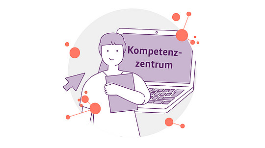 Illustration einer Person, die einen Ordner hält und vor einem Laptop steht, auf dem das Wort "Kompetenzzentrum" steht. Abstrakte orangefarbene Punkte und ein Cursor umgeben sie.