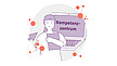 Illustration einer Person, die einen Ordner hält und vor einem Laptop steht, auf dem das Wort "Kompetenzzentrum" steht. Abstrakte orangefarbene Punkte und ein Cursor umgeben sie.
