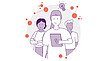 Illustration mit Team von Pflegekräften mit Table in der Hand und Glühbirne über dem Kopf