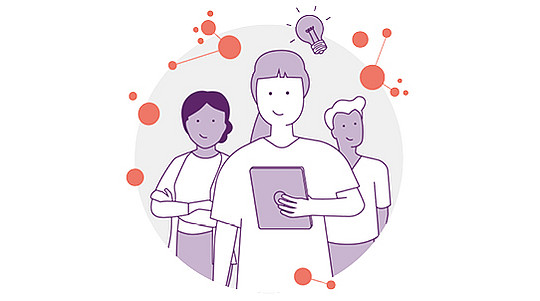 Illustration mit Team von Pflegekräften mit Table in der Hand und Glühbirne über dem Kopf