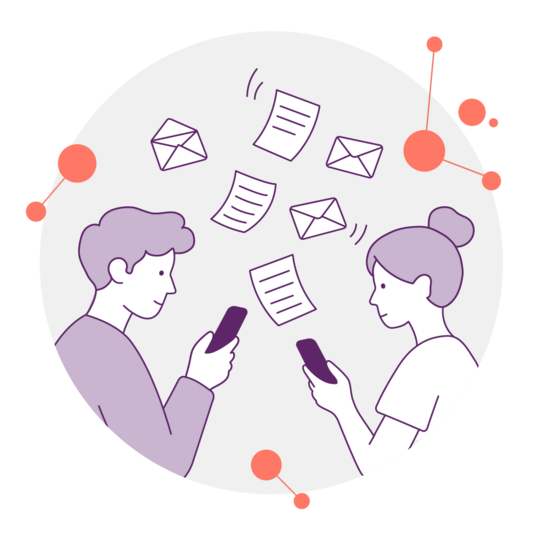 Illustration mit zwei Menschen am Handy und Nachrichten die hin und her gehen