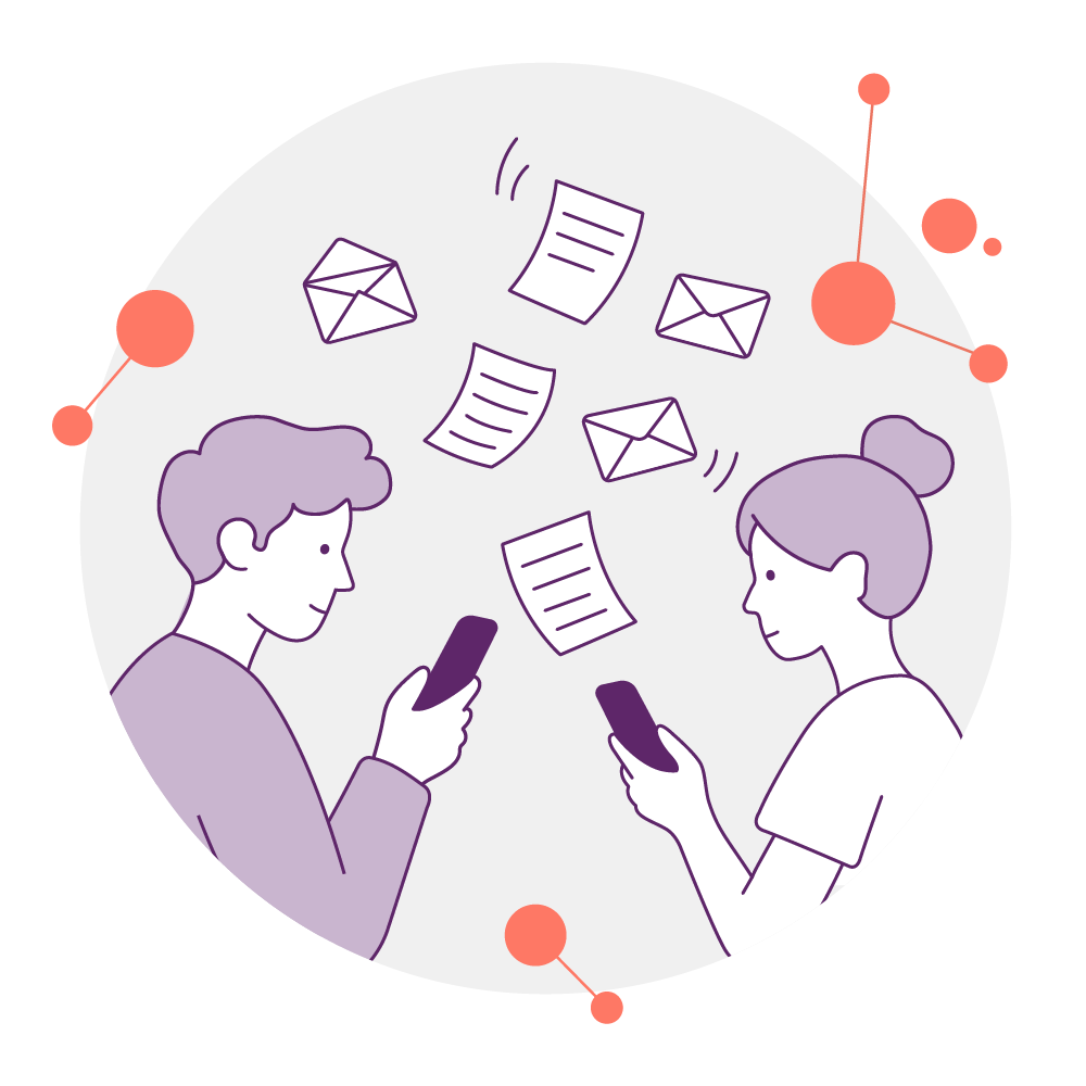 Illustration mit zwei Menschen am Handy und Nachrichten die hin und her gehen