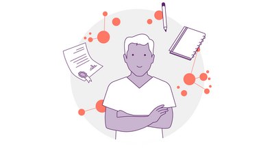Abbildung einer Person mit verschränkten Armen, umgeben von einem Diplom, einem Stift und einem Notizbuch. Im Hintergrund sind Kreise und Linien zu sehen, die Verbindungen oder Netzwerke symbolisieren. Das Farbschema umfasst Lila, Orange und Grau.