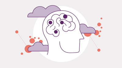Illustration: Ein Kopf, um den Wolken kreisen und in dem ein Gehirn angedeutet ist.