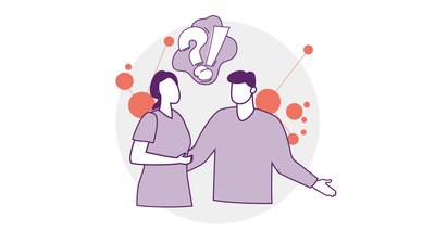Illustration: Zwei Personen sind im Gespräch, durch eine Sprechblase mit Ausrufe- und Fragezeichen und ihre Körperhaltung wird ein Streit angedeutet.