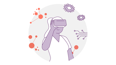 Abbildung einer Person mit Virtual-Reality-Brille, umgeben von abstrakten Schaltkreisen und Mikrochips. Das Design verwendet Lila- und Orangetöne und vermittelt ein technologisches Thema.