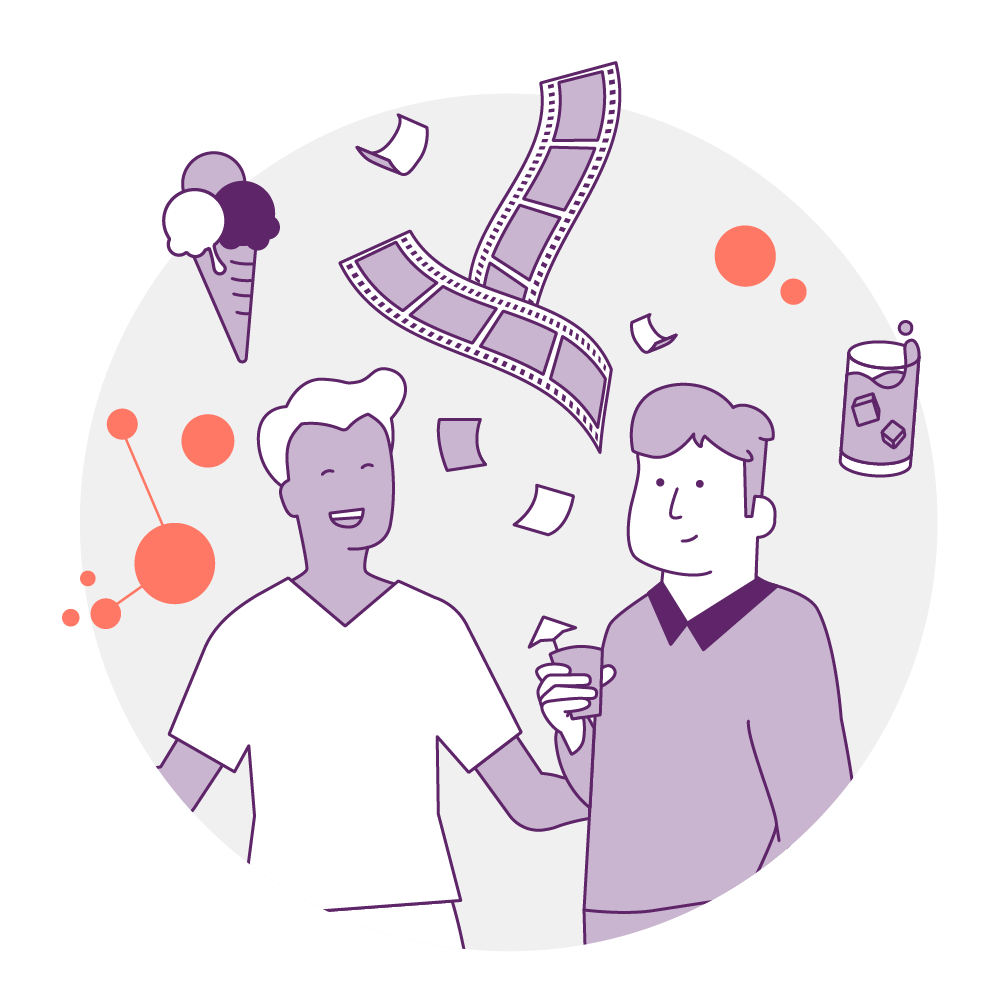 Illustration von Menschen mit Icons für Film, Party, Ausflüge