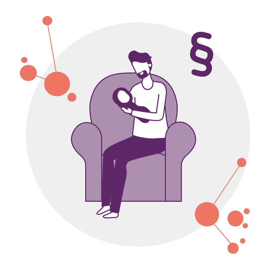 Illustration: Eine Person mit Bart sitzt auf einem Sessel und hält ein Baby im Arm. Oben rechts schwebt ein Paragraphen-Zeichen.