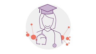 Illustration: Eine Person mit Stethoskop um den Hals trägt einen Doktorhut.
