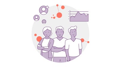 Abbildung von drei zusammenstehenden Personen mit miteinander verbundenen Kreisen, Benutzersymbolen und einem Liniendiagramm. Die Designelemente deuten auf Teamarbeit, Datenanalyse und Vernetzung hin. Das Farbschema ist Lila und Orange auf hellem Hintergrund.