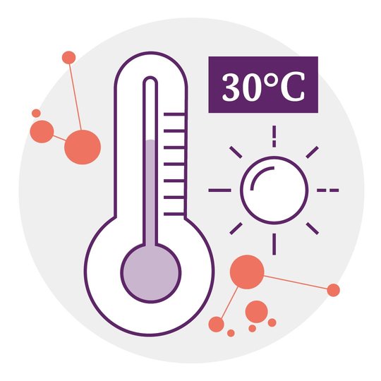 Illustration eines Thermometers, daneben eine Sonne und die Worte "30 Grad Celsius".