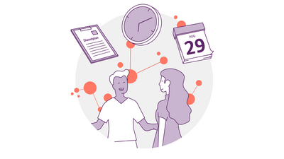 Illustration von zwei Personen, die einander gegenüberstehen und sich an den Händen halten, umgeben von Symbolen: einem Klemmbrett mit der Aufschrift „Dienstplan“, einer Wanduhr und einem Kalender mit dem 29. August vor einem Hintergrund aus miteinander verbundenen orangefarbenen Kreisen.
