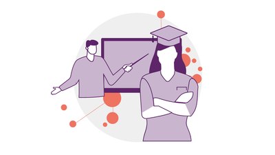 Illustration: Eine Person erklärt etwas vor einer Tafel, im Vordergrund ist eine Frau mit langen Haaren und einer Absolventinnen-Mütze einer Universität zu sehen.