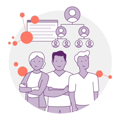 Illustration von mehreren Menschen und darüber Icons, die Organisation und Hierarchie zeigen