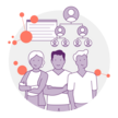 Illustration von mehreren Menschen und darüber Icons, die Organisation und Hierarchie zeigen