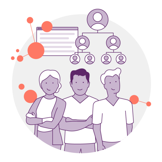 Illustration von mehreren Menschen und darüber Icons, die Organisation und Hierarchie zeigen