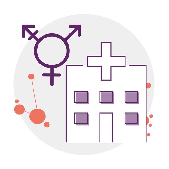 Illustration: Rechts ein Krankenhaus, links das Symbol für transgender