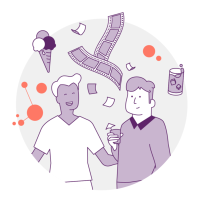 Illustration von Menschen mit Icons für Film, Party, Ausflüge