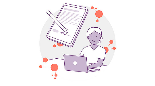 Illustration einer Person mit Tablet und Laptop