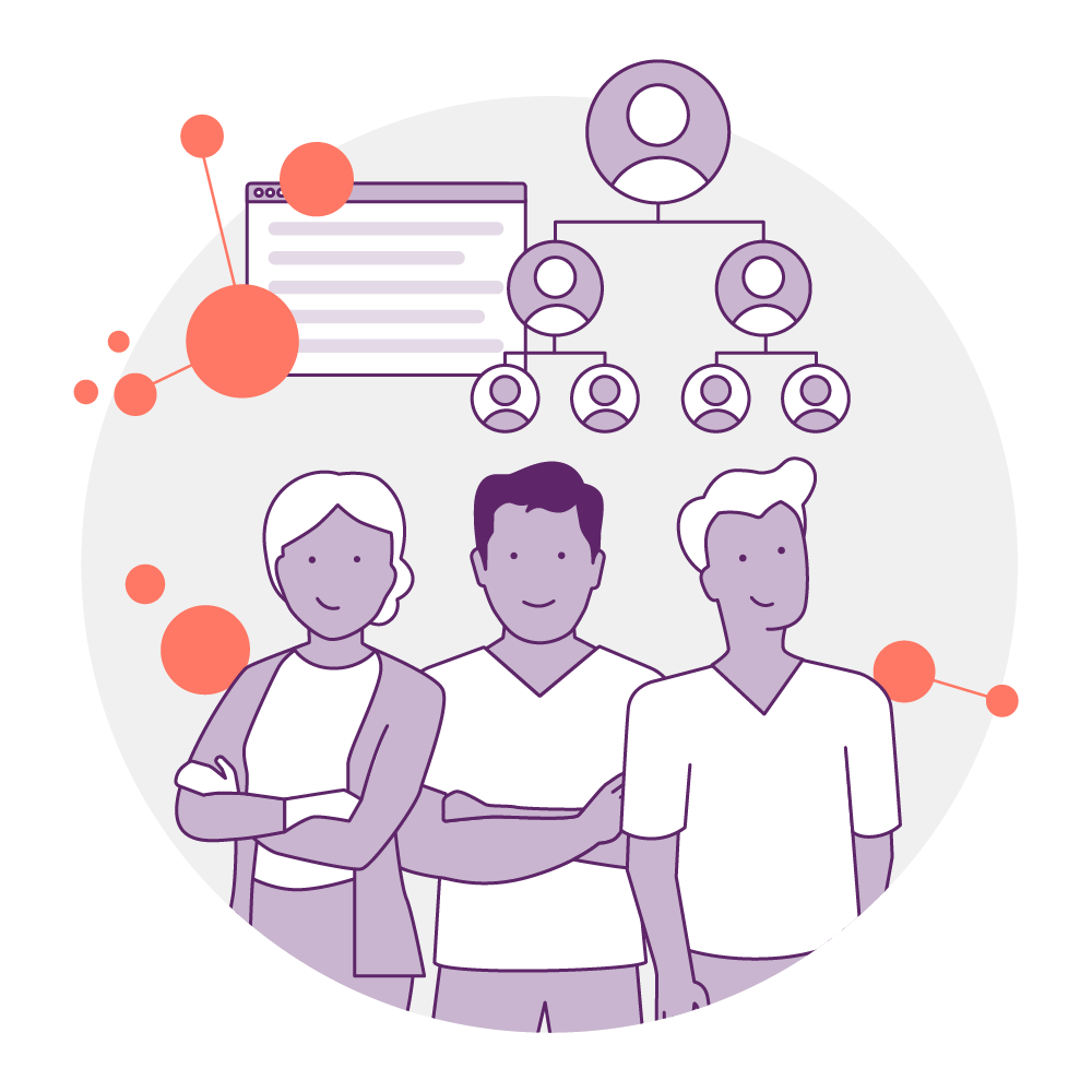 Illustration von mehreren Menschen und darüber Icons, die Organisation und Hierarchie zeigen