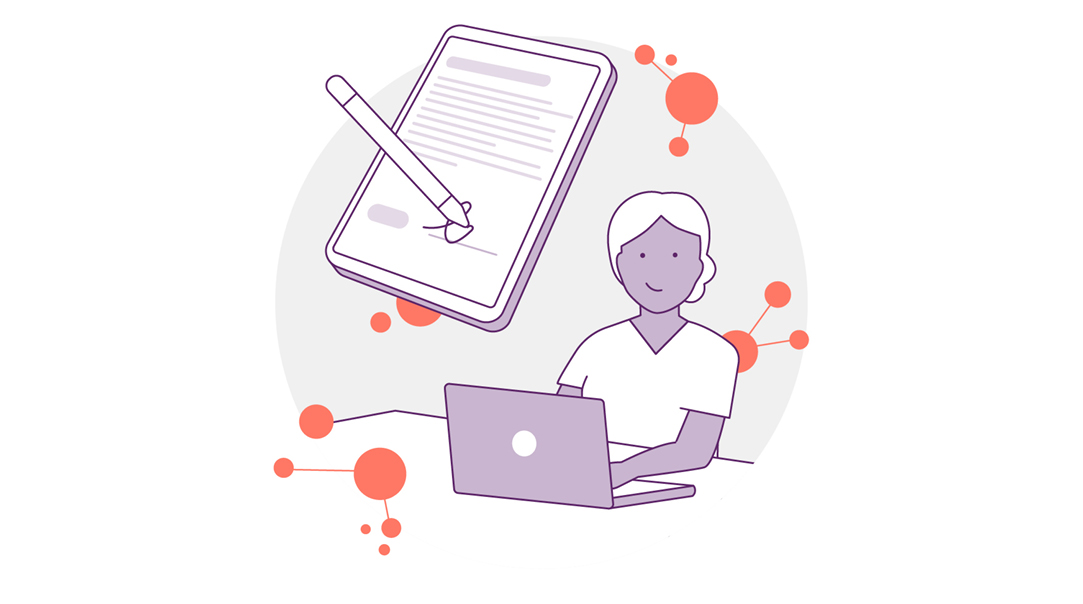 Illustration einer Person mit Tablet und Laptop
