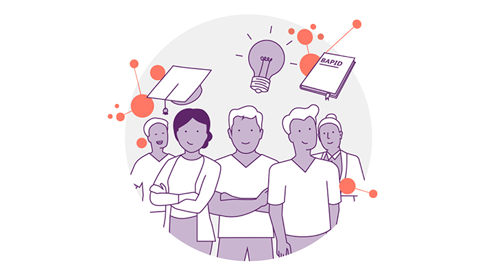 Illustration mit mehreren Pflegefachpersonen mit unterschiedlichen Abschlüssen