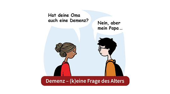 Zeichnung mit zwei Kindern die sich darüber unterhalten, ob die Oma Demenz hat.