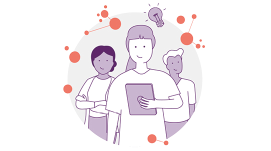 Illustration mit Team von Pflegekräften mit Table in der Hand und Glühbirne über dem Kopf